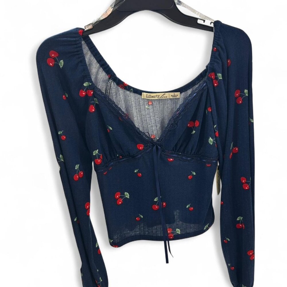 Navy Cherry Long Sleeve V-Neck Top w/ Lace & Ribbon Detailing